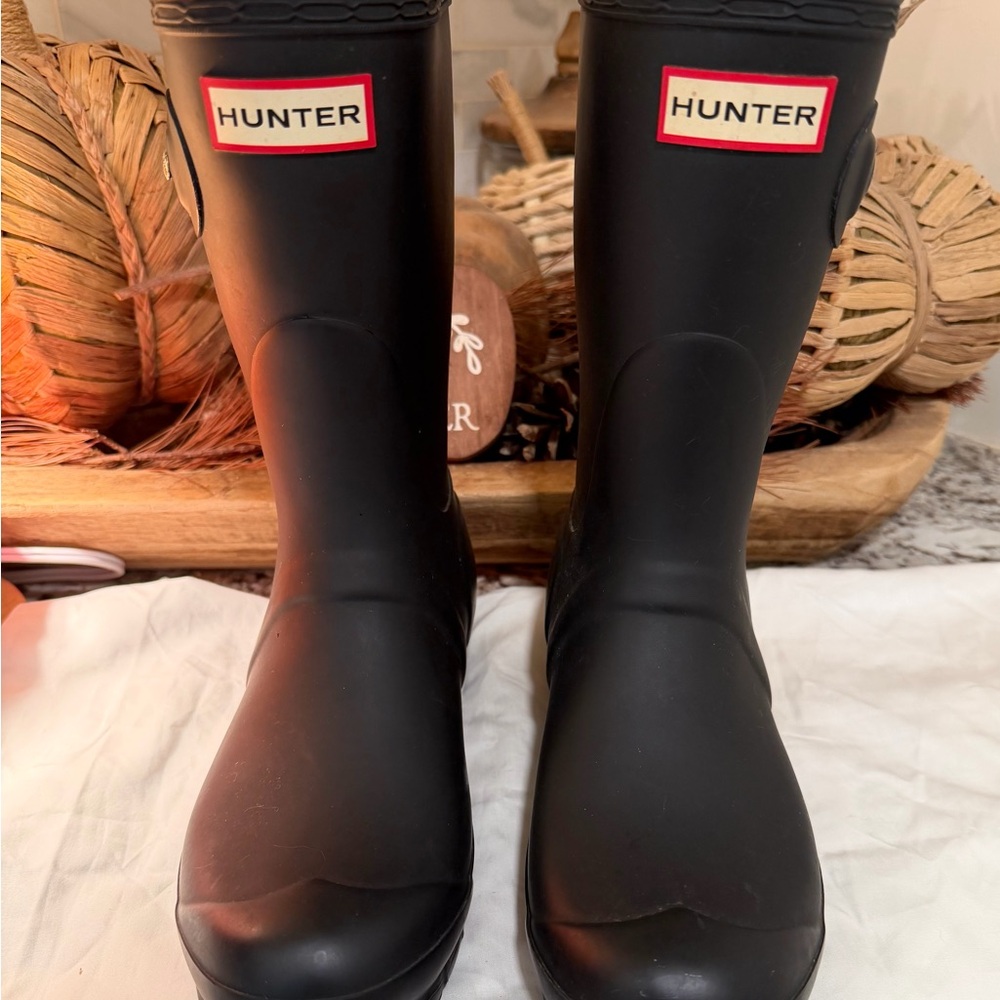 Hunter Black Rain Boots with Red Logo Trim